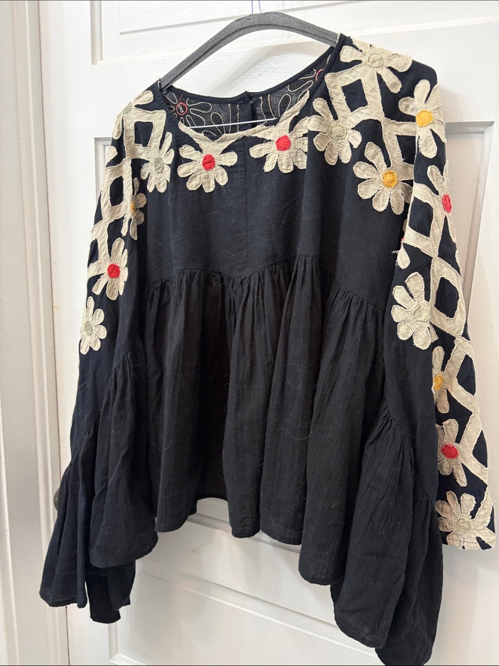 Black Embroidered Peasant Blouse with Daisy Details - one size